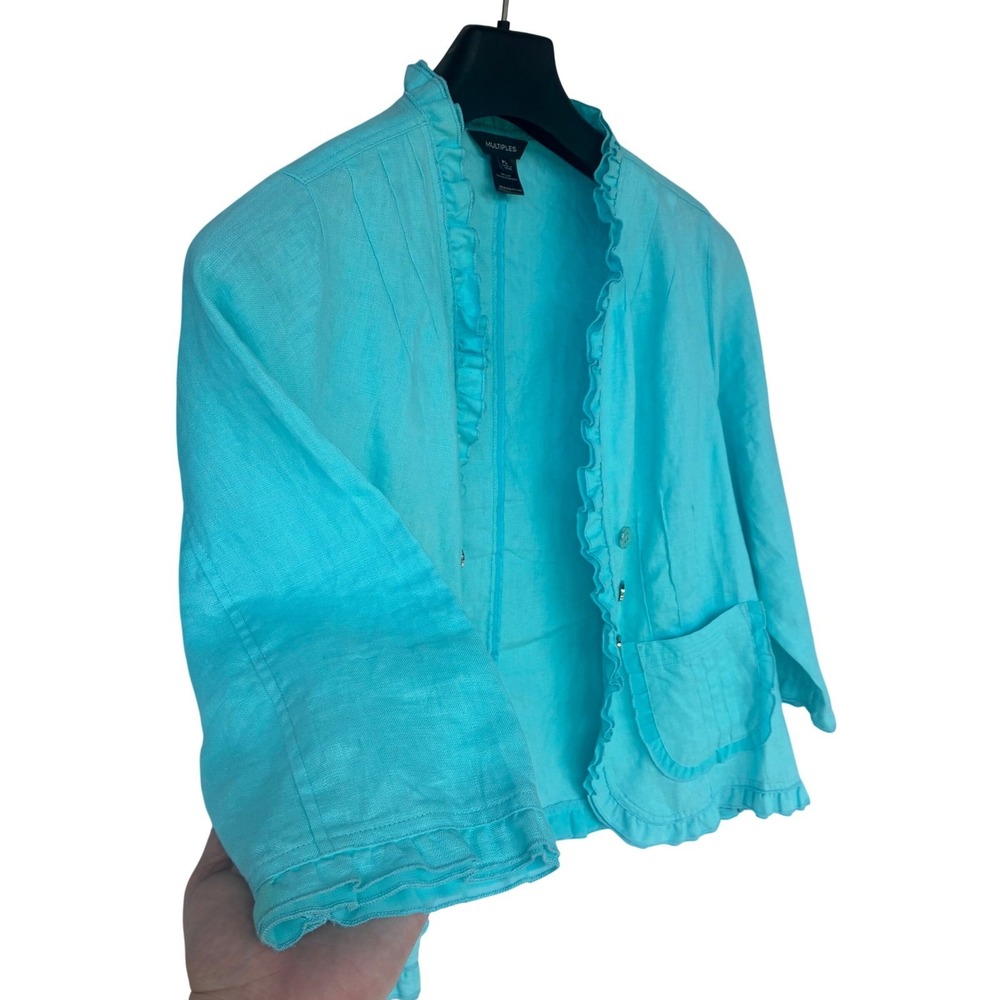 Open Coastal Grandma Open Front Linen Jacket PLg Turquoise Cottagecore BohoChic - Picture 10 of 11